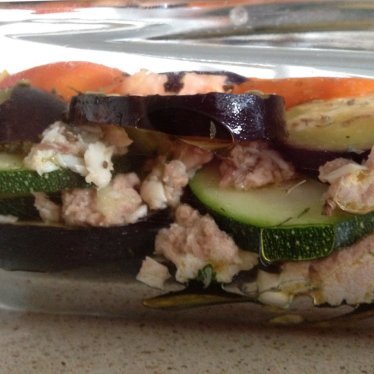 Le tian d’aubergines et de courgettes au poisson…